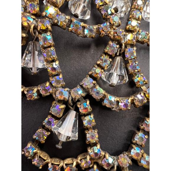 Vintage AB Rhinestone Bib Necklace Clear Glass Dangles Gold Tone - Picture 9 of 12